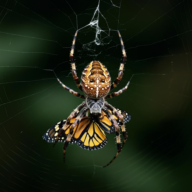 a spider with a yellow butterfly on its back is shown