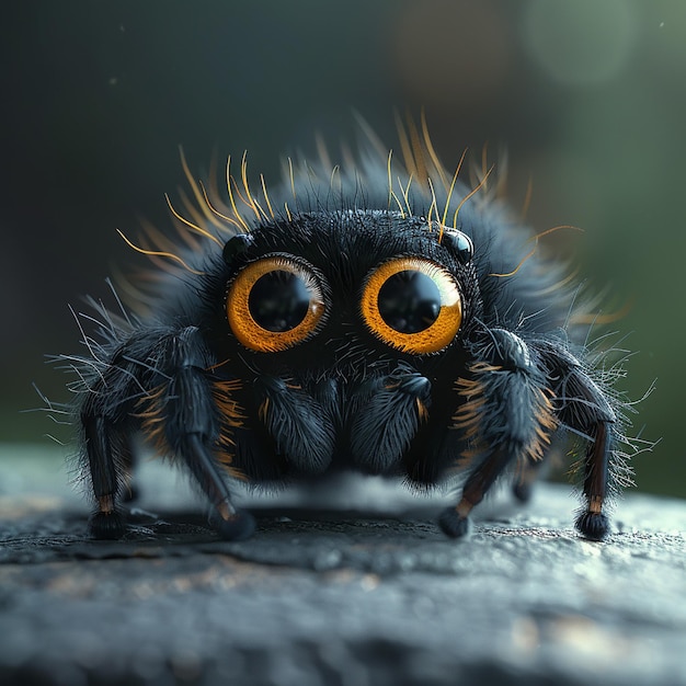 a spider with yellow eyes and orange eyes sits on a table