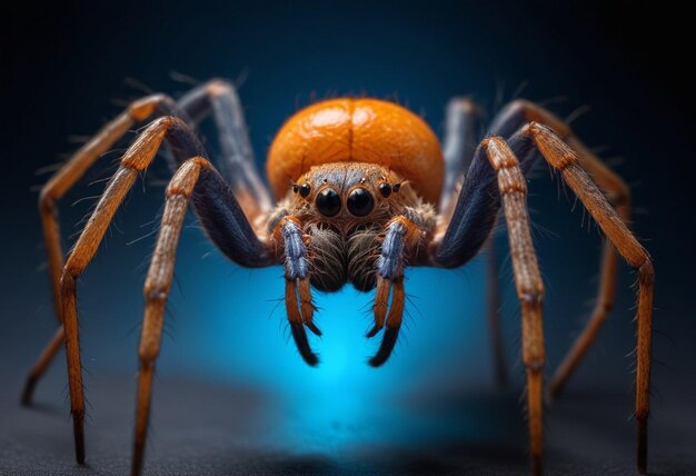 a spider with a yellow face and a black background with a blue background