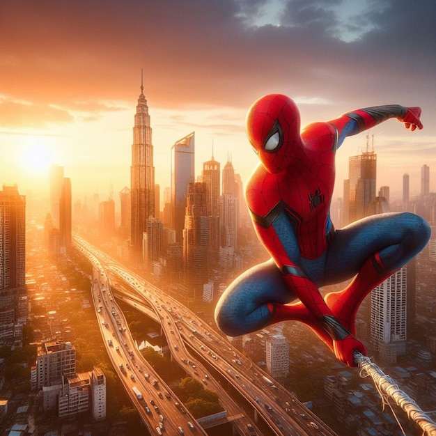 a spiderman figure is standing on a ledge above a city