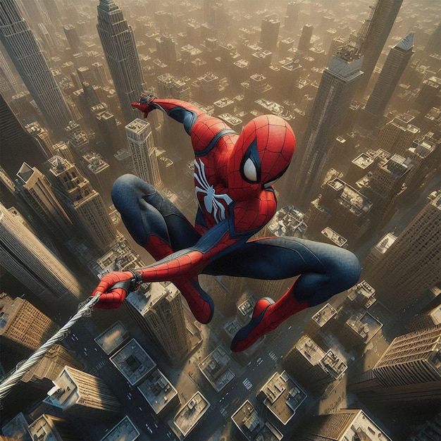 a spiderman figure in a spiderman suit is flying over a city