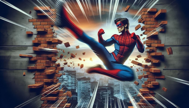 Photo a spiderman figure in a spiderman suit is flying through a brick wall