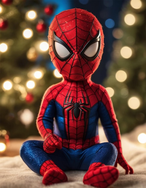 a spiderman figurine of a spiderman is sitting on a bed next to a christmas tree