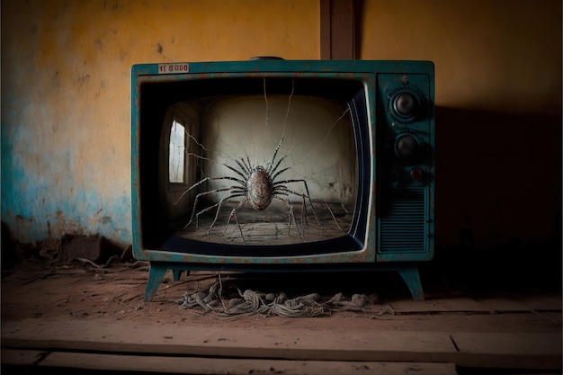 Spiders inside old tv set on wooden table in old hut created with generative ai