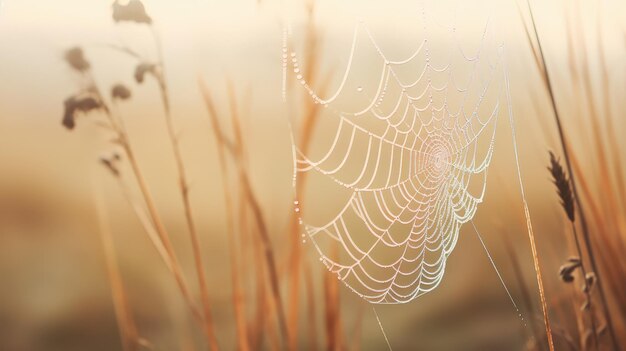 A Spiderweb Glistens with Dew Drops in the Morning Light