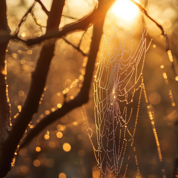 Photo a spiderweb hangs in the morning sun glistening with dew drops creating a beautiful and intricate pattern