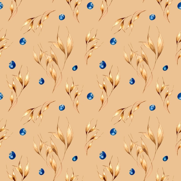 Spikelet of rye blueberry watercolor autumn seamless pattern on beige