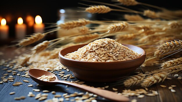 Spikelets of wheat and bowl with oatmeal on wooden tablegenerative ai