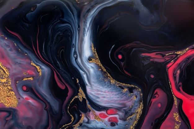 Spilled black, red, blu and gold acrylic paint.  Liquid marble pattern