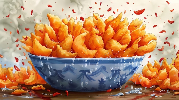 Photo spilled bowl of orange shrimp