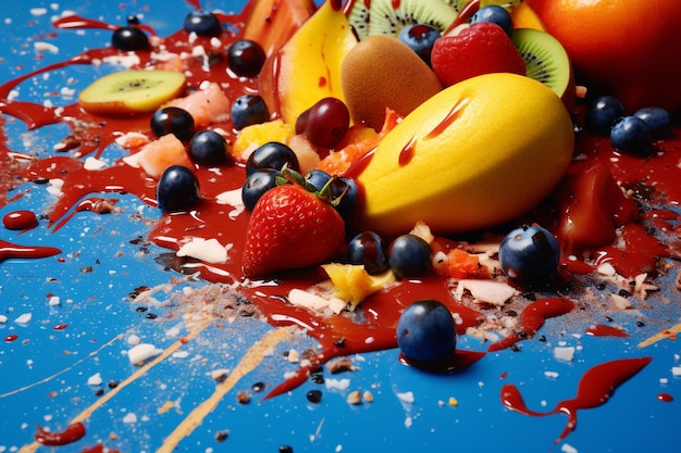 Photo spilled fruit salad a vibrant floor mess