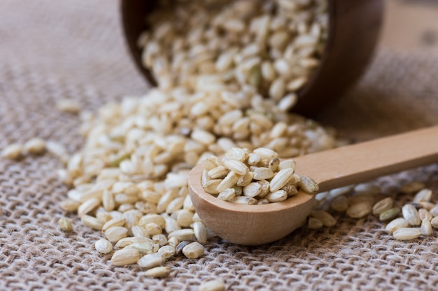 Spilled grains of brown rice scattered over sackcloth, wooden bowl and spoon