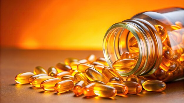 spillfish oil vitamin E capsule orange background shiny Shiny yellow vitamin E fish oil capsule spilling out of pill bottle with an orange background