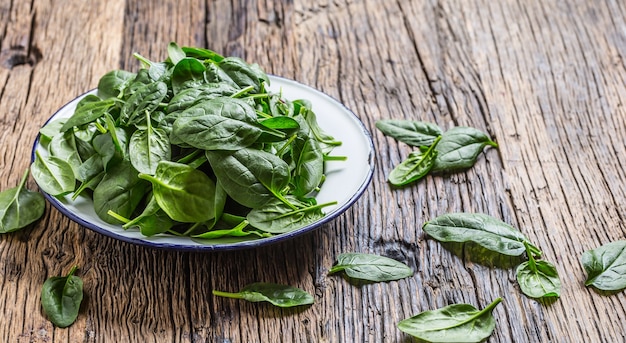 Spinach. Fresh baby spinach leaves in plate on woden table.