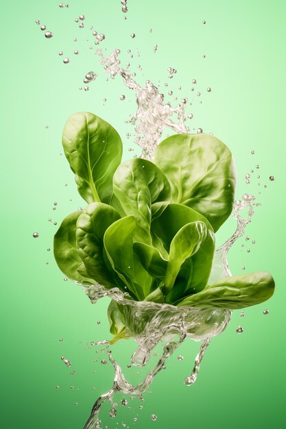 Spinach leaves in water splashes