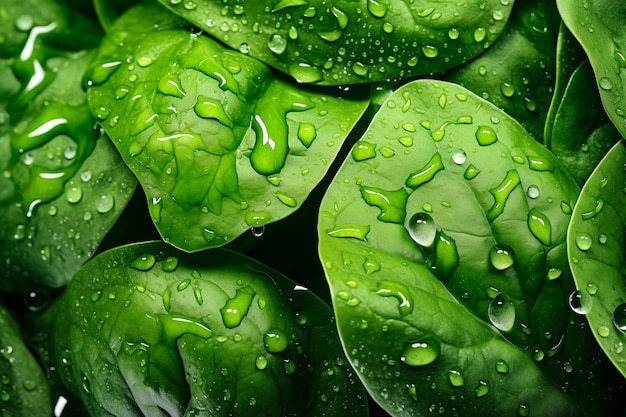 spinach leaves with water droplets closeup