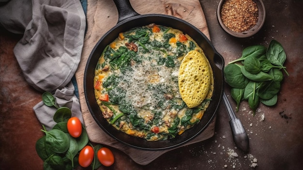 Spinach omelette in cast iron skillet healthy vegetable