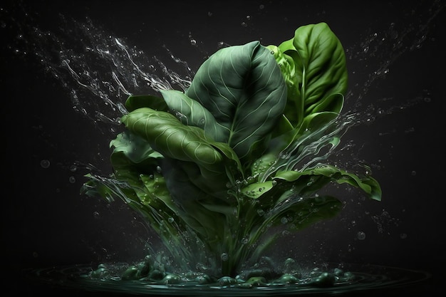 Spinach vegetables splash isolated on black background