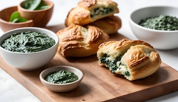 Spinachfilled pastries on a wooden cutting board