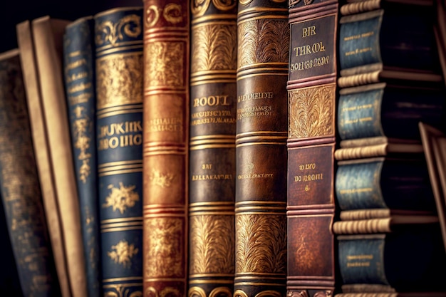 Spine of books with titles standing on shelf in library concept created with generative ai