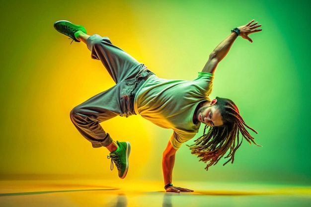 Photo spinning on one hand young man with dreads in casual clothes dancing breakdance against gradient yellow green background in neon concept of street style dance