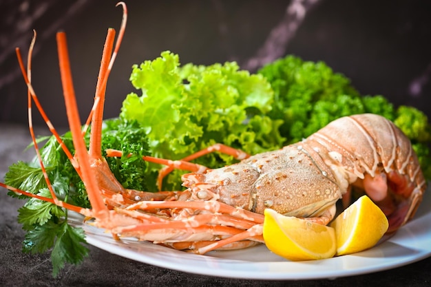 Spiny lobster food on plate fresh lobster or rock lobster seafood with herb and spices lemon coriander parsley lettuce salad lobster for cooking food and seafood sauce