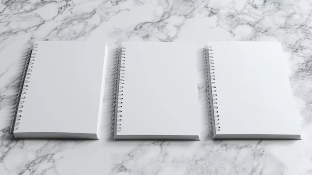 Photo spiral binding notebook mockup on white marble background