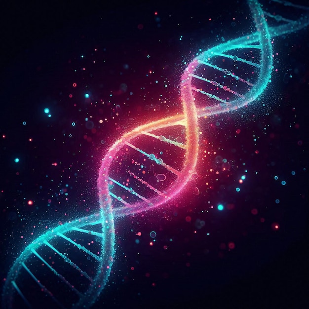 Spiral of Blue DNA double helix with light bokeh and bubble on beautiful blue background