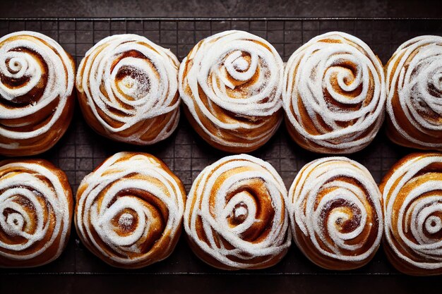 Spiral cinnamon buns decorated with thin strip of white glaze