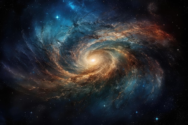 Spiral galaxy dancing planets and nebulae in dazzling cosmic scene generative IA