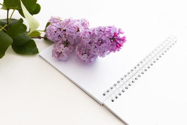 Spiral notebook and pen Notepad with pen and flowers Notebook lilacs on light background