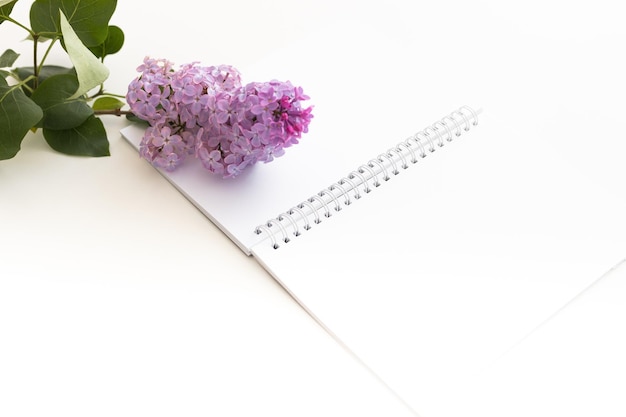 Spiral notebook and pen Notepad with pen and flowers Notebook lilacs on light background