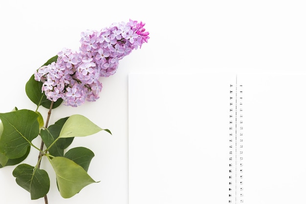 Spiral notebook and pen Notepad with pen and flowers Notebook lilacs on light background