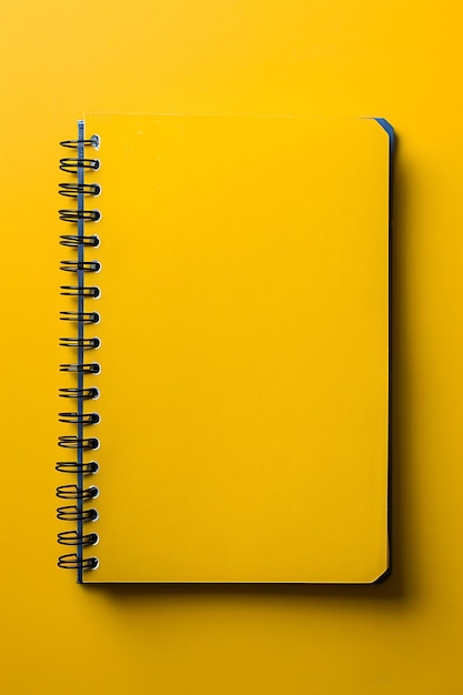 Spiral notebook on yellow background text space