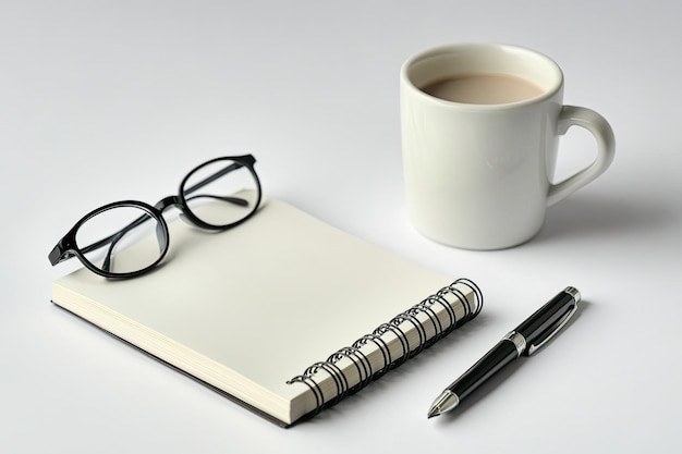 Spiral notepad spectacles cup pen and book on white background