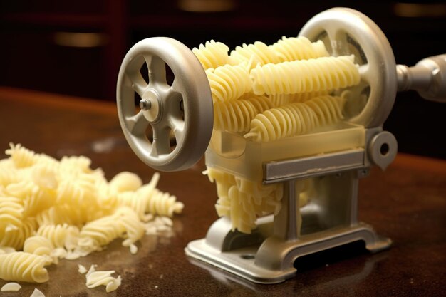 Spiral pasta extruding from a manual pasta maker created with generative ai