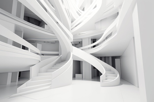 A spiral staircase in a building with white walls generative AI