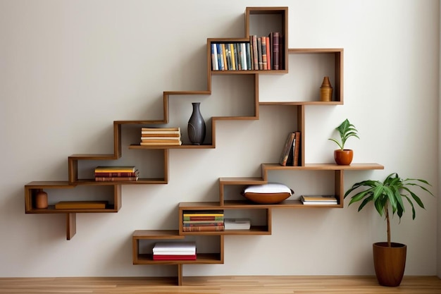 Photo a spiral staircase has a shelf with books on it and a plant on the top