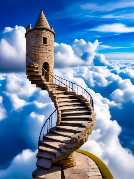 Spiral staircase leading to tower in the sky with clouds around it