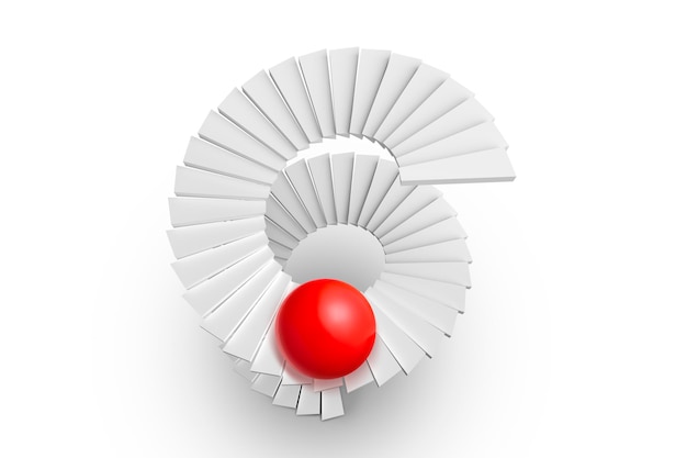 Spiral staircase and red sphere on white background