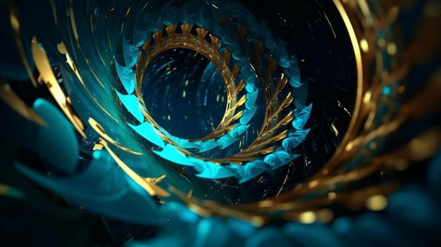 A spiral staircase with gold spirals and blue flowers