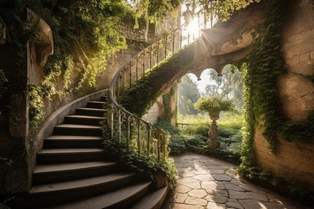 Spiral stone staircase amidst lush nature generative IA