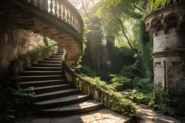 Spiral stone staircase amidst lush nature generative IA