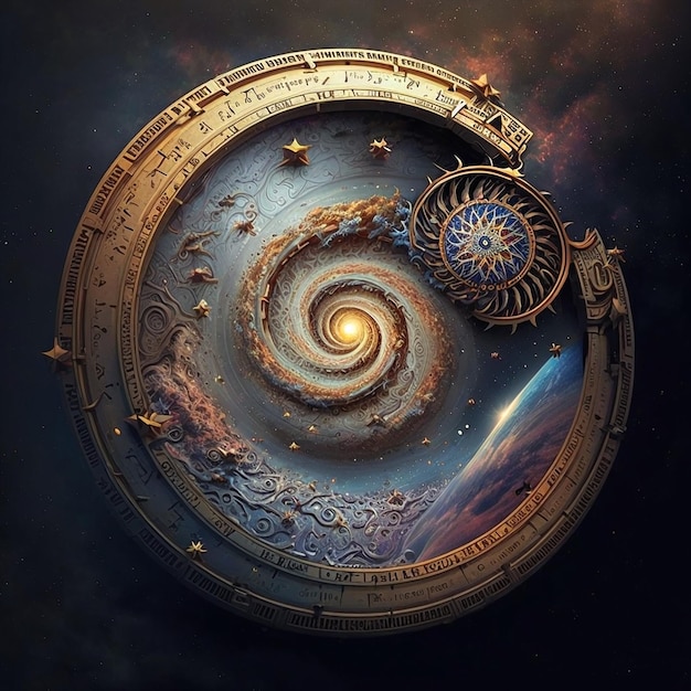 A spiral with a blue circle and the word time on it