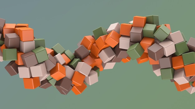 Spiral with orange green brown beige glossy cubes Abstract illustration 3d render