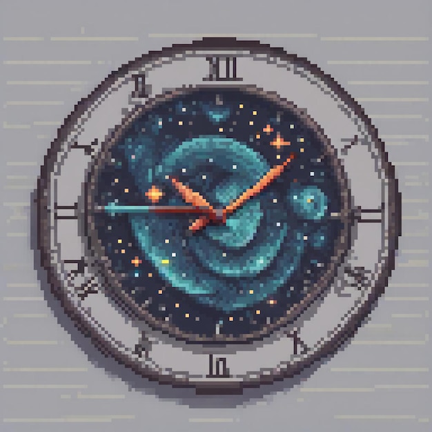 Spiraladorned clock design in pixel art style