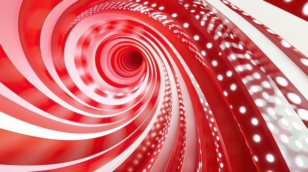 Spiraling neon red and white lines and dots forming a vibrant abstract pattern