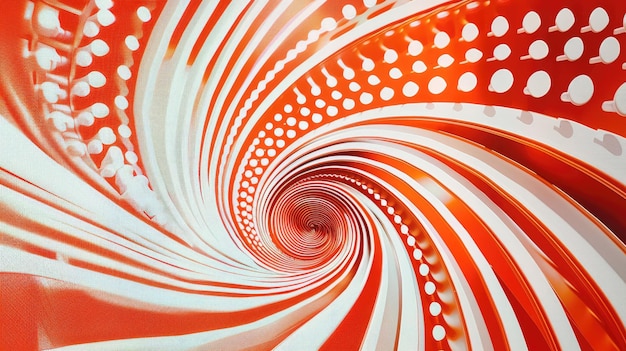 Spiraling neon red and white lines and dots forming a vibrant abstract pattern