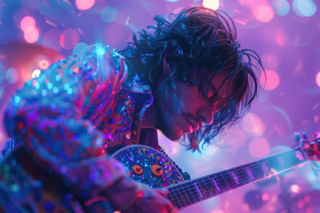 Photo a spirited musician crafting an intricate tapestry of sound on stage under vibrant lights