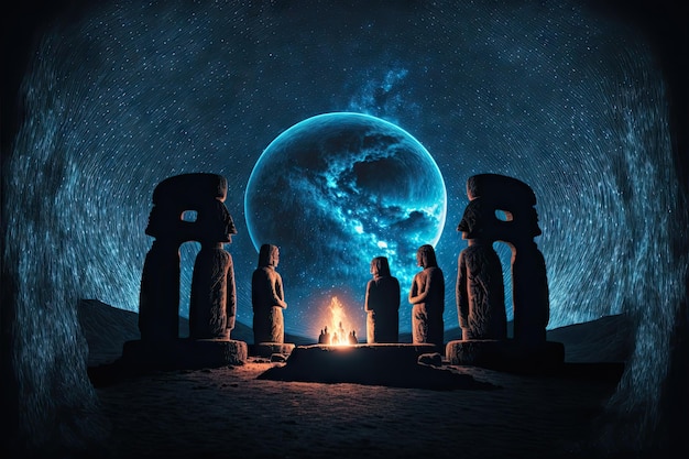 Spiritual blue bonfire in center of moai statues circle at night created with generative ai